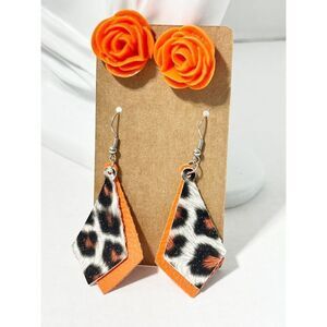 Leopard Vegan Leather Dangle & Orange Rose Stud Earrings Orange & Black 2 Pairs‎